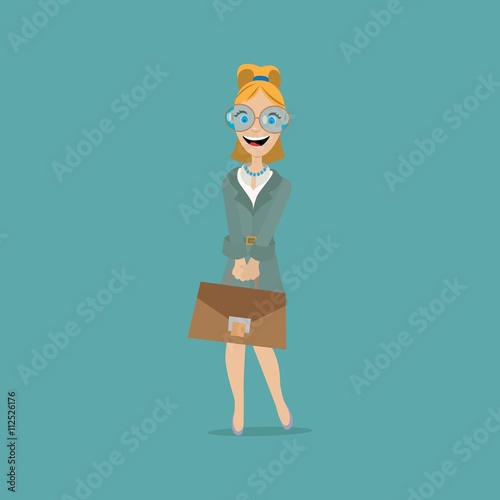business woman dressed in the dress code holds in his hands a leather bag(briefcase). vector illustration. Cartoon
