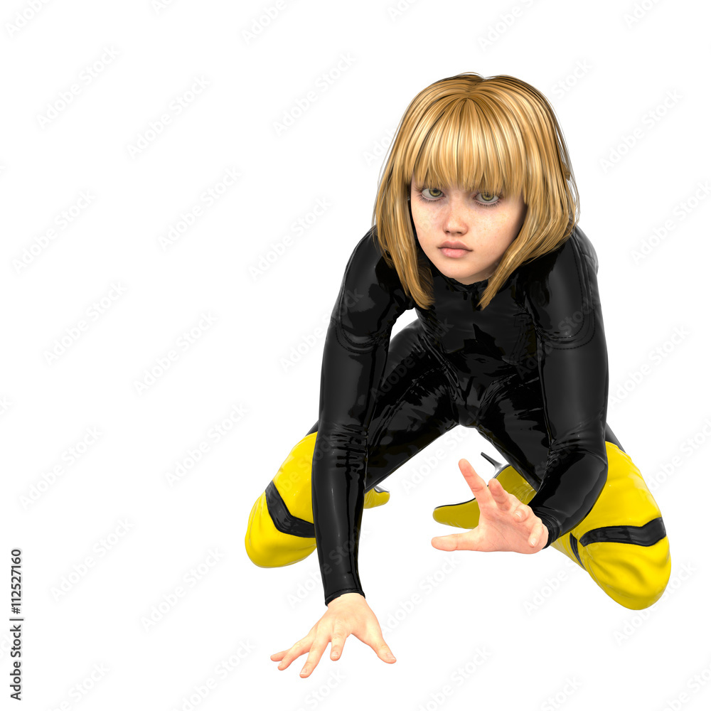 one teenage girl in a black super suit. Crawling to the camera on all fours  Stock Illustration | Adobe Stock