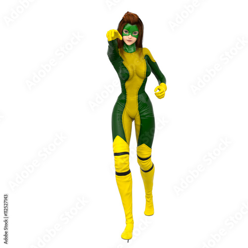 one girl in yellow green super suit. Stands in a pose of attack
