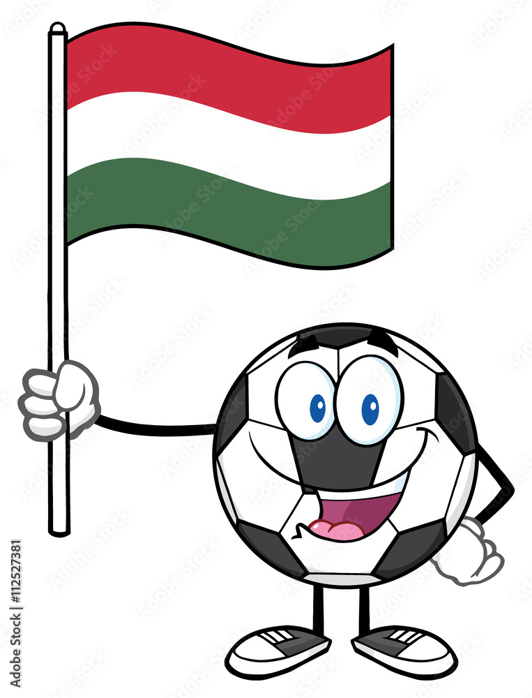 Happy Soccer Ball Cartoon Mascot Character Holding A Flag Of Hungary
