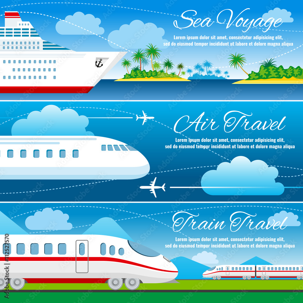 Summer travel horizontal vector banners set with airplane, train and ship