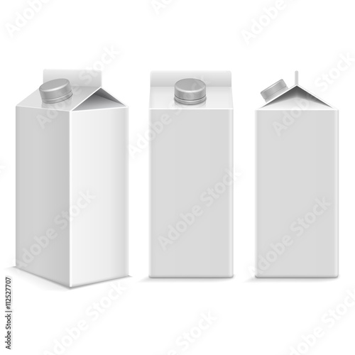 Milk and juice white carton package box in different points of view. Object pachage product milk, carton box package juice blank illustration vector template