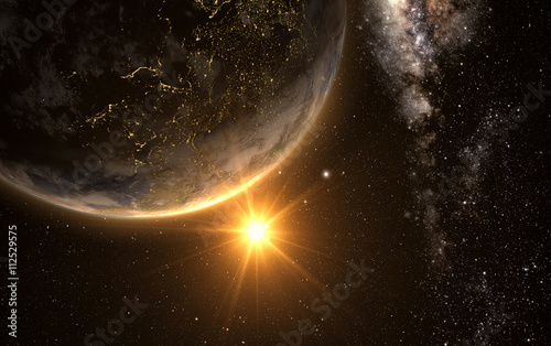 Fototapeta Naklejka Na Ścianę i Meble -  sunrise view of earth from space with milky way galaxy, 3d rendering