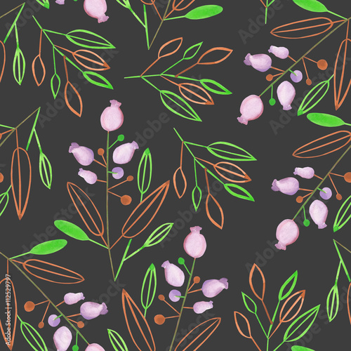 Fototapeta Naklejka Na Ścianę i Meble -  Seamless pattern with the abstract watercolor brown and green leaves and branches and purple berries on a dark background,  hand drawn in a pastel