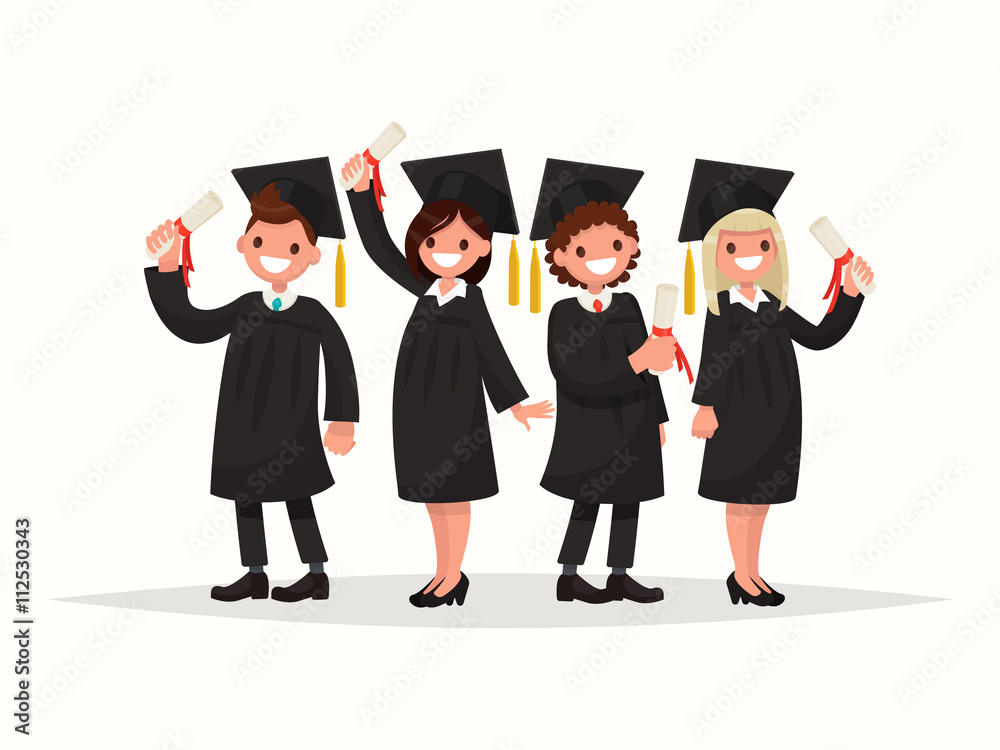 Group of university graduates in black gowns. Vector illustration Group of university graduates in black gowns. Vector illustration