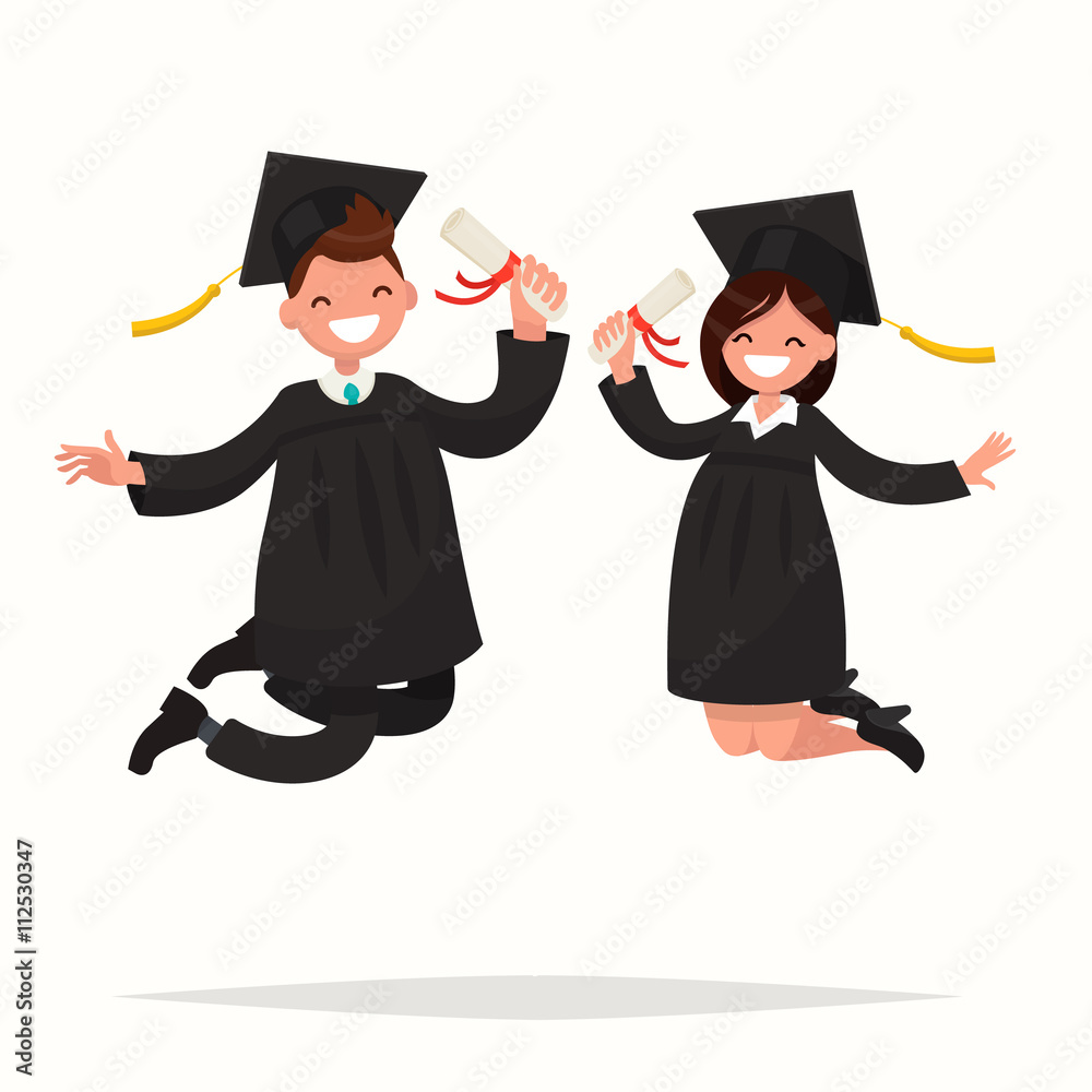 Guy and girl university graduates joyfully bounce.