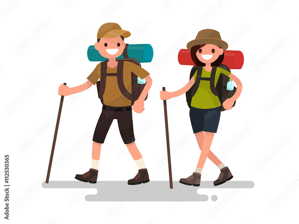 Hiking tourists walk. A young family couple. Vector illustration Hiking tourists walk. A young family couple. Vector illustration