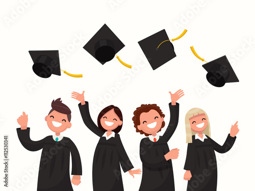 Group of university graduates in black gowns throw up caps. 