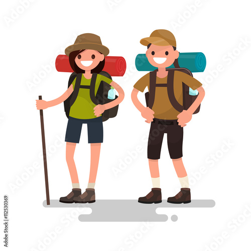Hiking tourists. Young family couple. Vector illustration