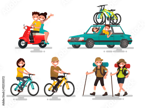 Leisure. Young couple riding a bike, traveling, hiking involved.