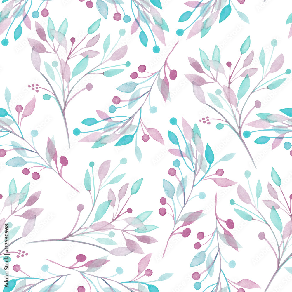 Seamless pattern with the watercolor pink, mint and purple leaves and branches on a white background, wedding decoration, hand drawn in a pastel