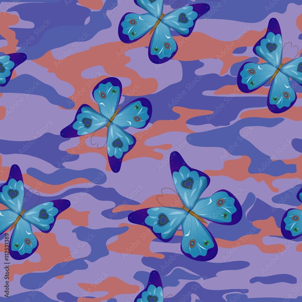 Butterfly on the blue military background pattern seamless