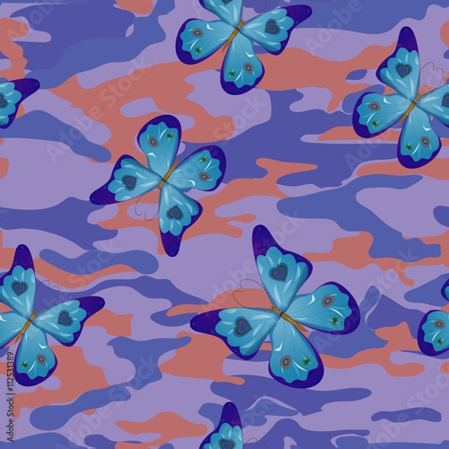 Butterfly on the blue military background pattern seamless