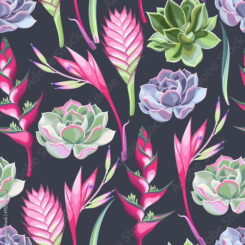 Exotic flowers and succulents seamless