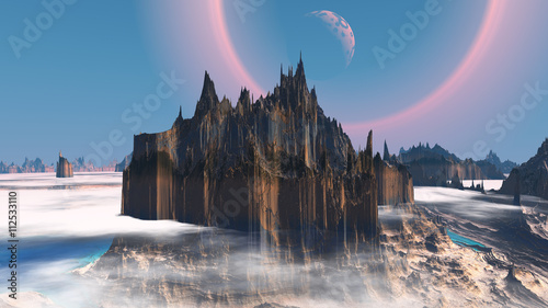 Fantasy alien planet. Rocks and lake. 3D illustration