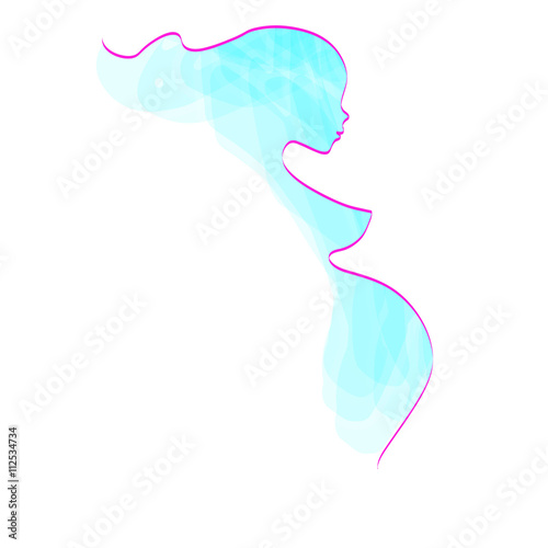 Pregnant woman silhouette, abstract turquoise blue subtle colors. polygon illustration, sketch, symbol of motherhood