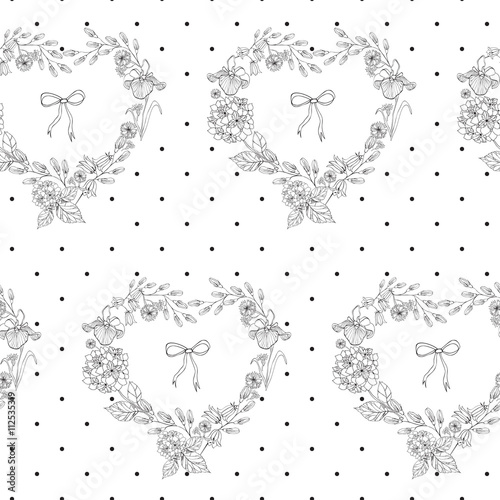 Flower seamless pattern with hearts from flowers and circles.