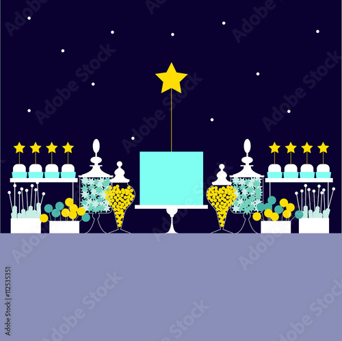 Night candy buffet with stars. Dessert bar. Vector illustration