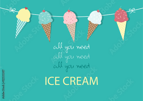 Set of ice cream cones. Design card. Vector illustrations