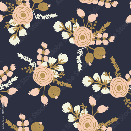 Rosa Blush Noisette. Hand drawn seamless modern floral pattern