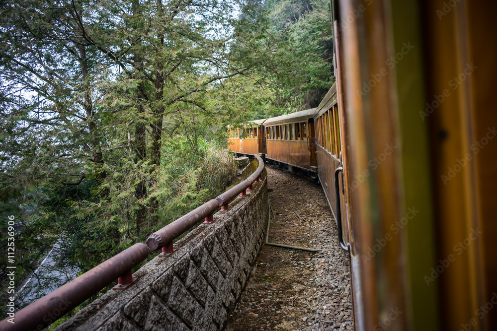 Fototapeta premium Old train on railway forest.