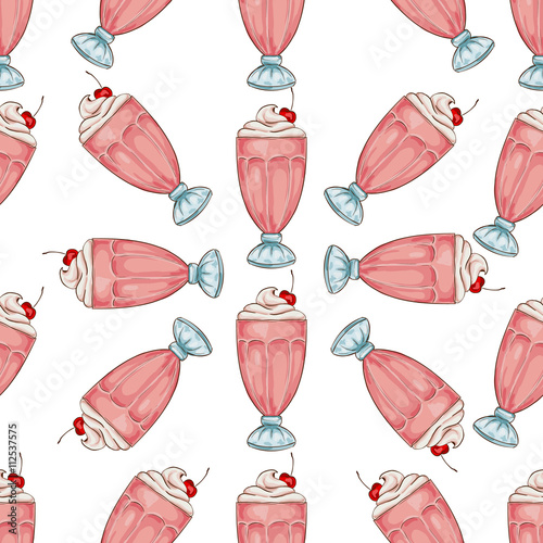 Seamless pattern color cherry milkshake scetch