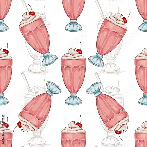 Seamless pattern color cherry milkshake scetch