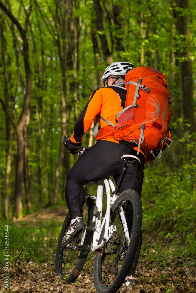 Naklejka premium Man bikes in the green forest