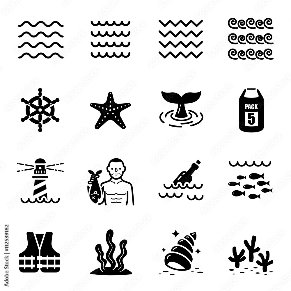 Fototapeta premium Sea Beach Wave Vector Icon Set