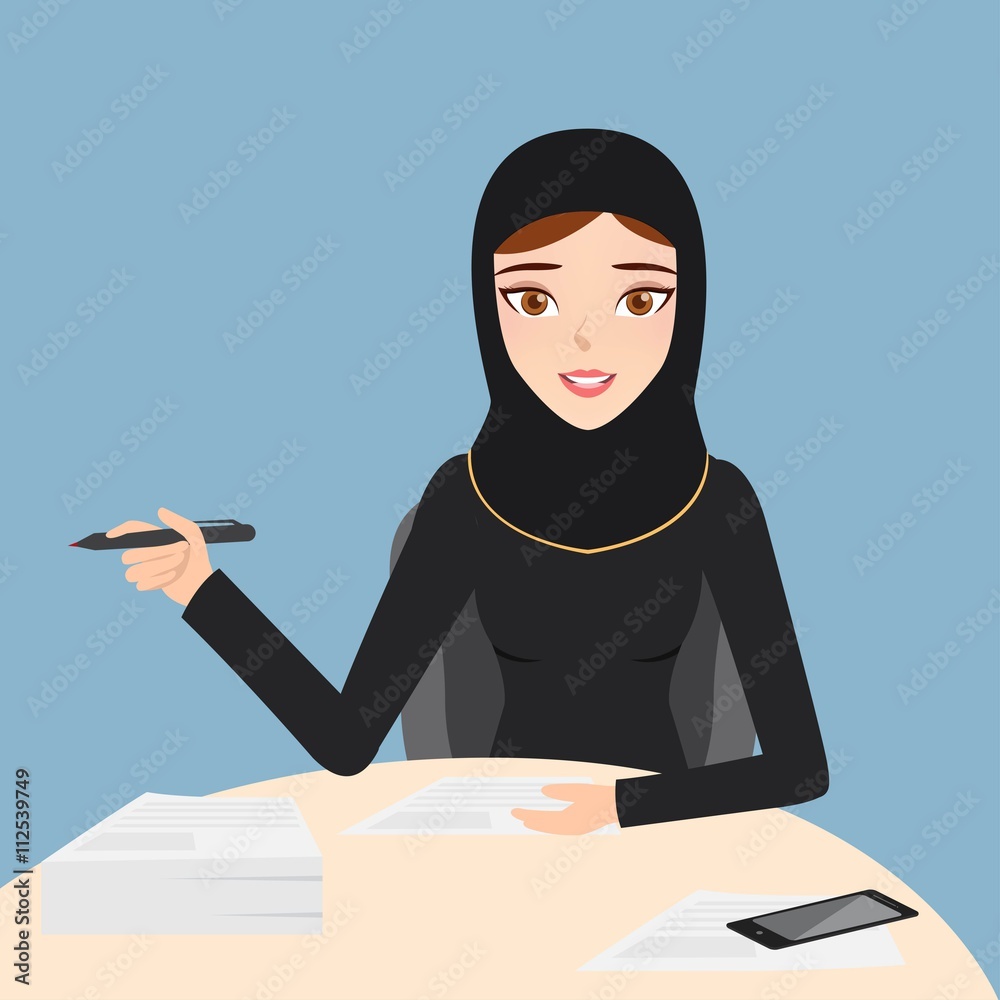 arab woman character at office work with writting paper. muslim
