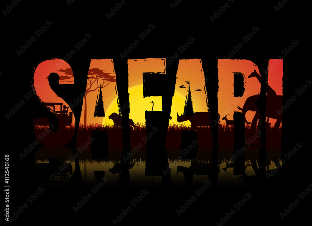 Vector illustration of safari text design on black background. Safari