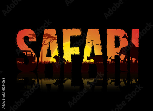 Vector illustration of safari text design on black background. Safari theme