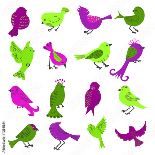 Set of cute cartoon birds isolated on white background. Collection of birds in purple and green colors. Vector illustration. 