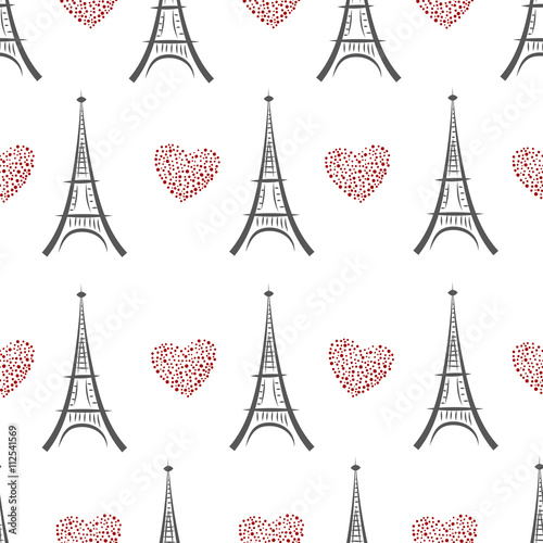 Black and white eiffel tower seamless pattern. Vector background with doodle eiffel towers and red hearts. 