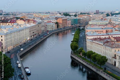 The channel the Fontanka River in Saint Petersburg in the early morning before the sun is raised.