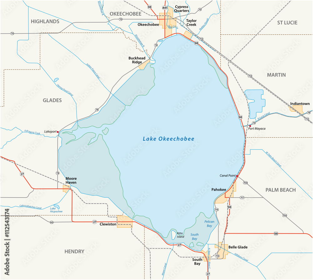 vector road map of Lake Okeechobee in the US State of Florida