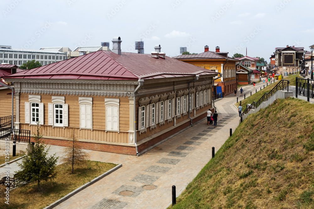 Historic district with wooden houses in Irkutsk, Russia.