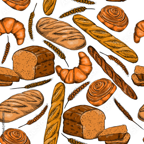 Bread, seamless pattern with bakery products, french baguette, croissant and bun