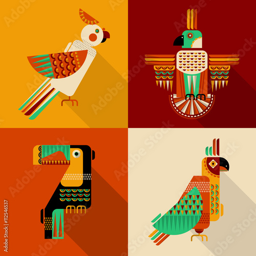 Set of birds in geometric style. Toucan, parrot, parakeet, cockatoo in Mexican style. photo
