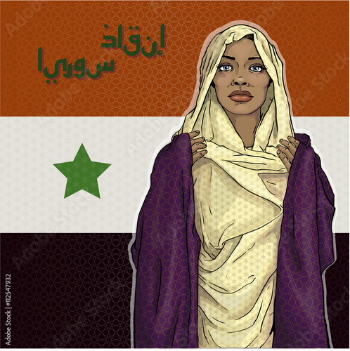 young muslim arabian sad woman flag Syria title mean "Save Syria"