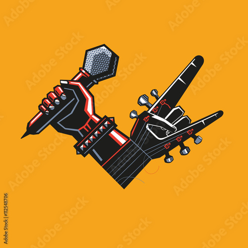 Music rock sign with microphone and guitar.
