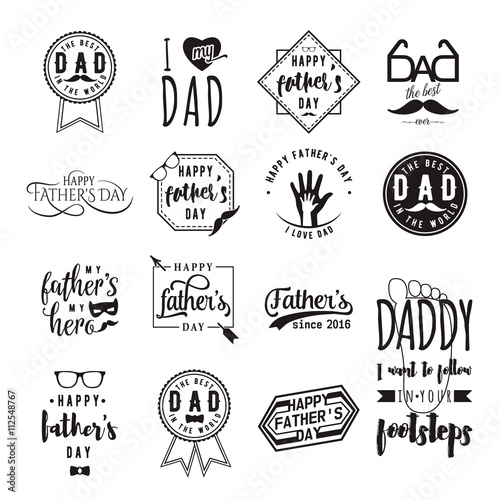 Happy fathers day wishes overlays, lettering labels design set. Retro father badges. Hand drawn emblems with tie, mustache, glasses, hand. Isolated sign or logo for photo greeting web, print.
