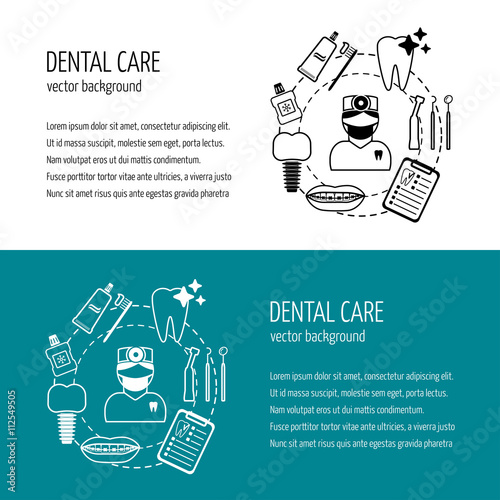 Horizontal banners, flyers for dental clinic. Modern linear concept. Black and white. Flat design. Vector