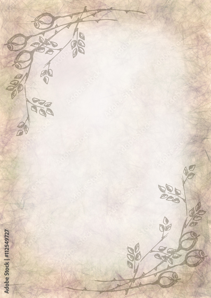 Hand drawn textured floral background.Crumpled paper with rose and leaves.Template for letter or greeting card.A4 size format.Series of Watercolor,Oil,Pastel,Chalk, Backgrounds and Cards,Blanks,Forms. Hand drawn textured floral background.Crumpled paper with rose and leaves.Template for letter or greeting card.A4 size format.Series of Watercolor,Oil,Pastel,Chalk, Backgrounds and Cards,Blanks,Forms.