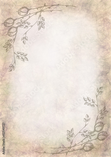 Hand drawn textured floral background.Crumpled paper with rose and leaves.Template for letter or greeting card.A4 size format.Series of Watercolor,Oil,Pastel,Chalk, Backgrounds and Cards,Blanks,Forms.