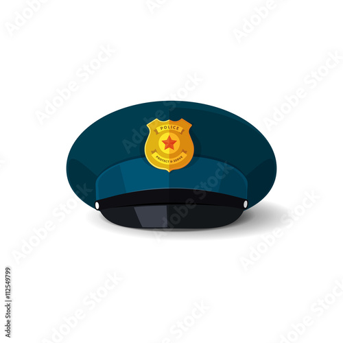 Police hat vector illustration, blue officer cop cap with black peak and police badge design isolated on white