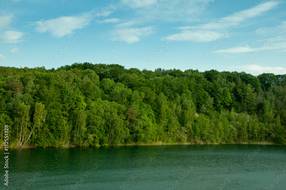 Lake with crystal clear water and green forest.