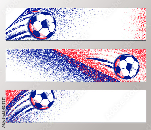 Football championship 2016 horizontal banner with ball, field france flag colors. Roughness texture.