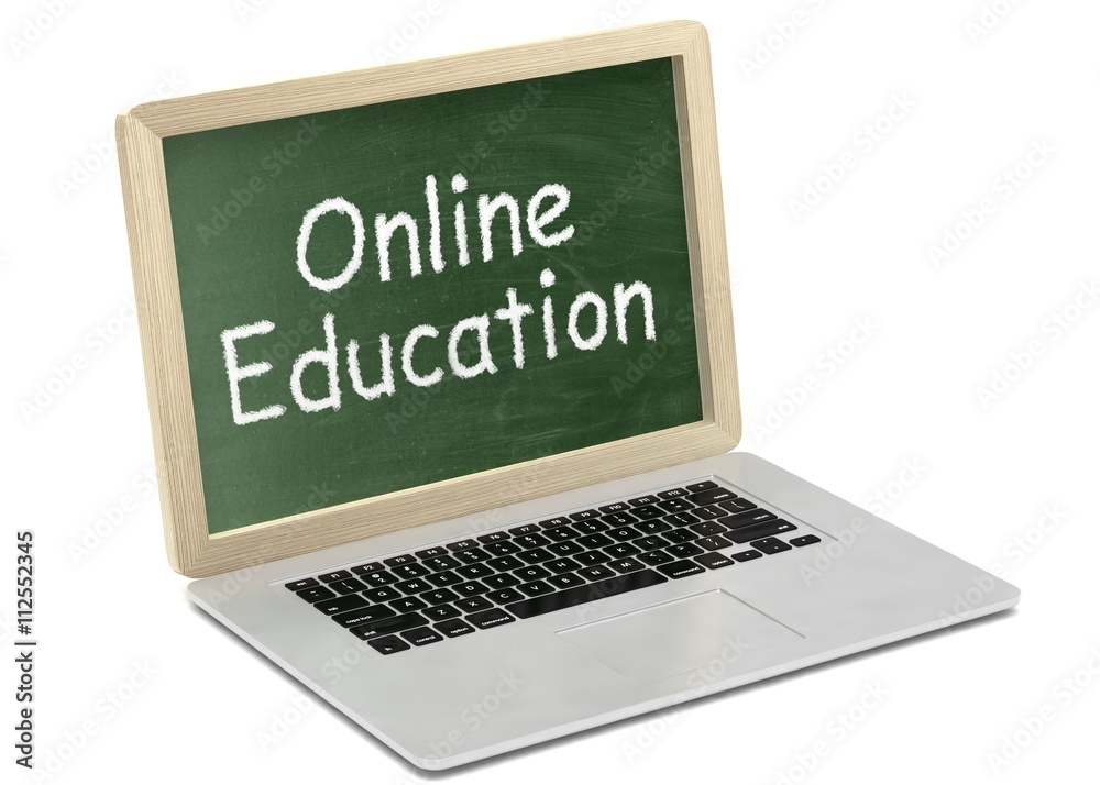 Laptop with chalkboard, online education concept. 3d rendering. Laptop with chalkboard, online education concept. 3d rendering.