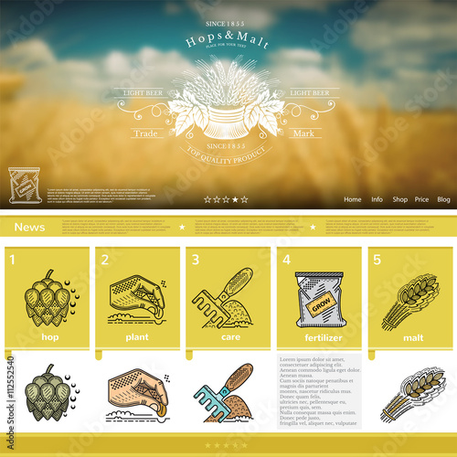 Beer making website page template on yellow field blurred background